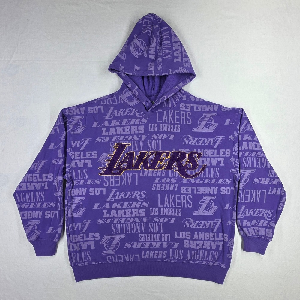 NBA Los Angeles Lakers Hoodie Purple All Over Print Chenille Logo Mens Large